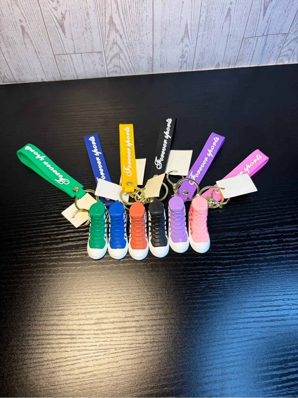6 Pcs Colorful Mini Sneaker Keychain Set with Branded Straps GREAT GIFTS!!